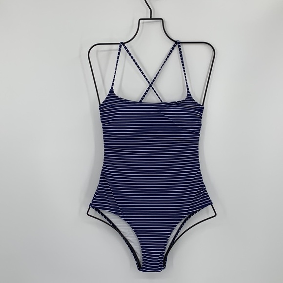 Lands End navy blue stripe swim white one piece swimsuit tie strappy new 6 - Picture 1 of 4